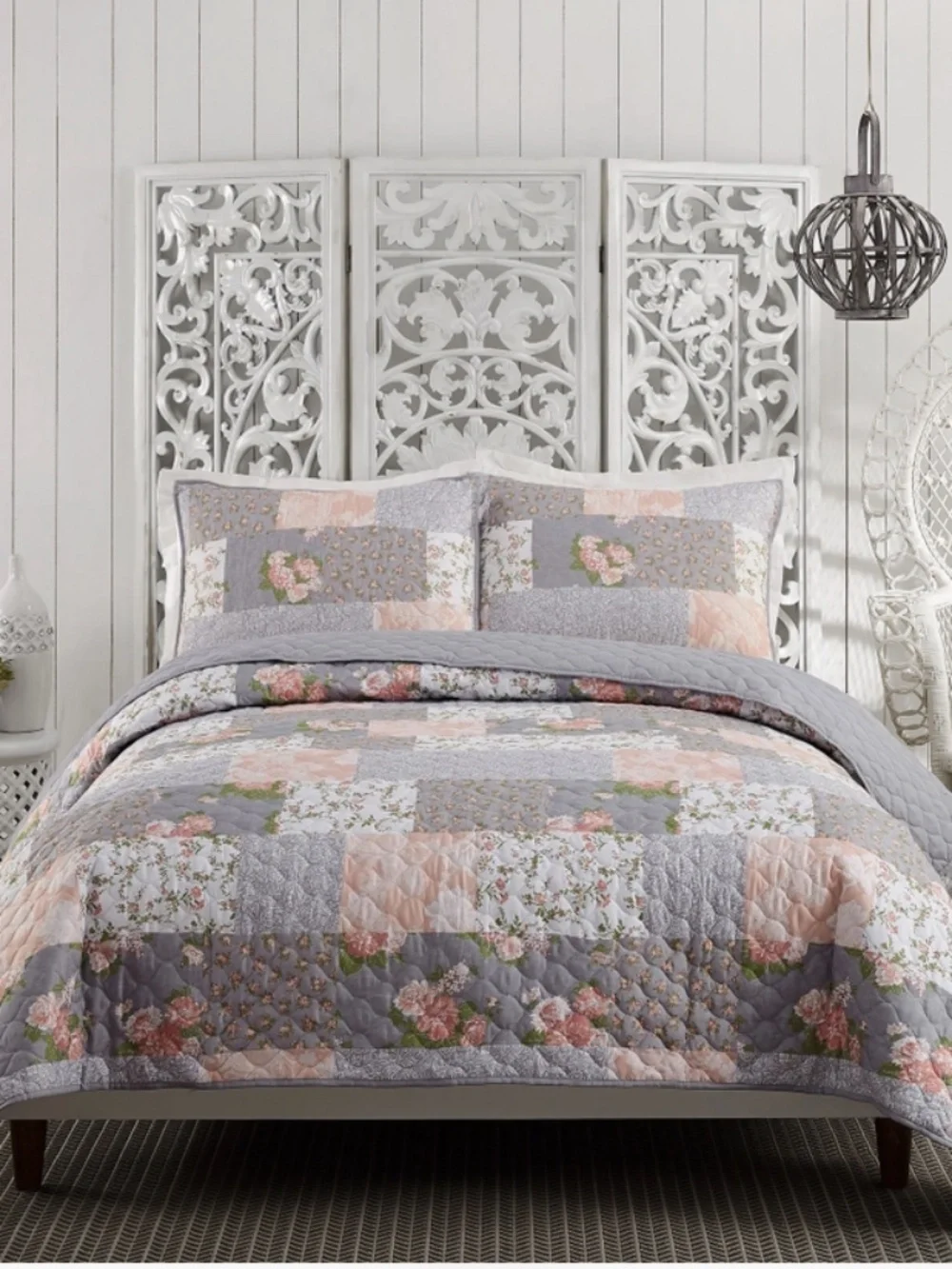 Cottage Floral Patchwork Gray Pink Printed King Quilt Set English Garden